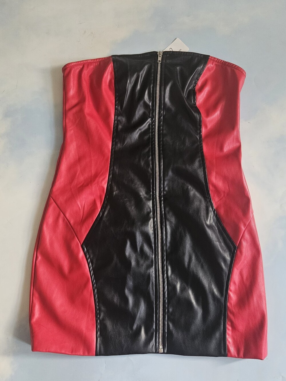 Windsor Red & Black Faux Leather Strapless Mini Dress with Front Zip